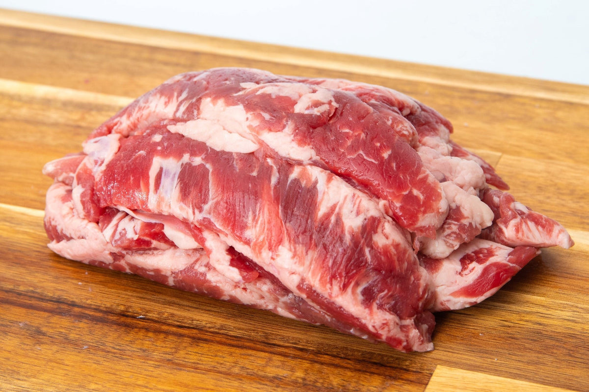 Beef finger meat for slow-cooked cholent and hearty stews, raw and ready for cooking.
